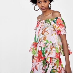 Zara 100% Linen Tropical Hawaiian Floral Printed Off Shoulder Top Sz Small